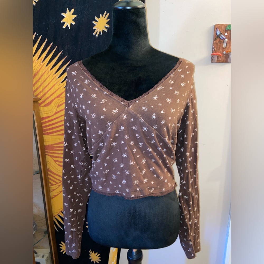 Brown Long Sleeve V Neck Baby Tee